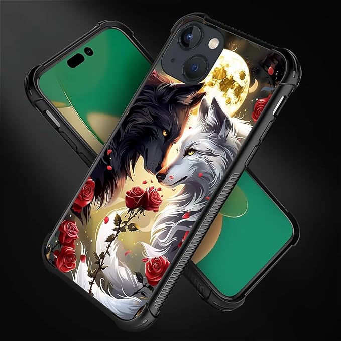 for iPhone 13 Case, Black White Wolf Moon Flower Rose Pattern Graphic Design Girl Boy Soft Silicone Hard Acrylic Shock Protection for iPhone 13