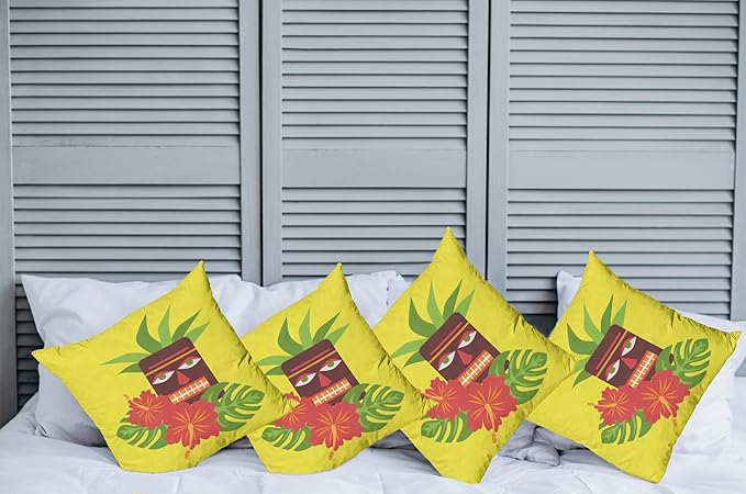 Ambesonne Luau Throw Pillow Cushion Case Pack of 4, Vibrant Composition of a Tiki Exotic Summer Hibiscus and Palm Leaves, Modern Accent Double-Sided Digital Printing, 16", Yellow Multicolor