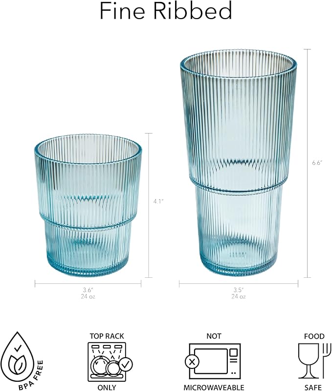 Fine Ribbed Acrylic Drinking Glass - Light Blue - 16 oz - Set of 6