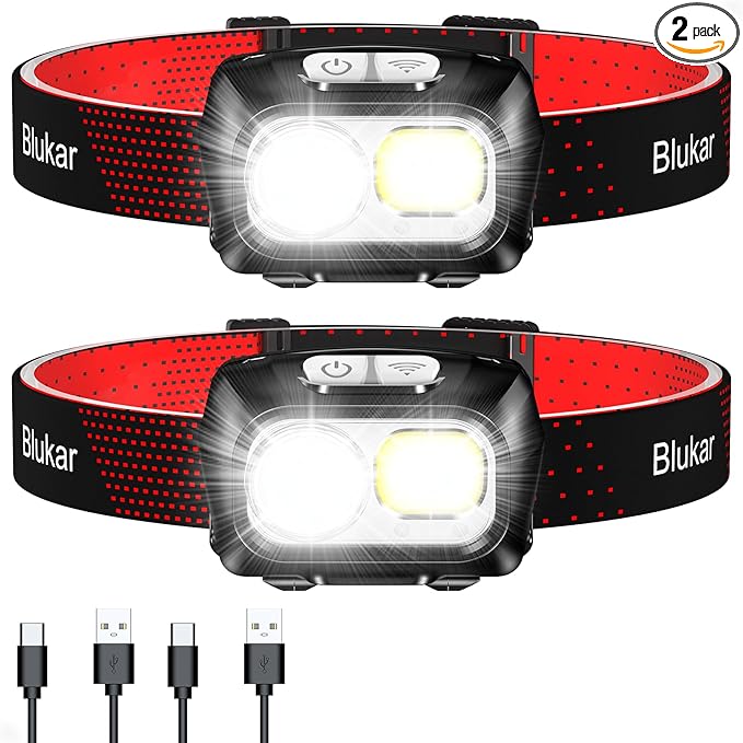 Blukar LED Headlamp Rechargeable,2000L Super Bright Headlight with Motion Sensor -Dimmable Brightness,8 Modes,Spotlight&Floodlight&Red Light Combination,IPX5 Waterproof for Hiking,Camping - 2 Pack