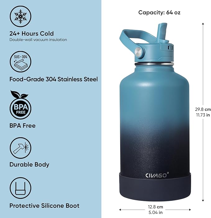 CIVAGO 64 oz Insulated Stainless Steel Water Bottle with Detachable Straw, Large Half Gallon Water Jug with Bucket Handle, Big Metal Leakproof Flask with Silicone Boot, Dishwasher Safe, Army Green