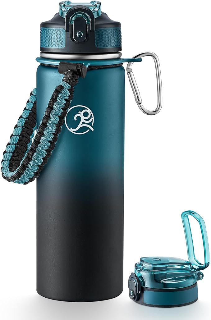 GOSWAG Insulated Sports Water Bottle, 24oz 2 Lids(with Straw/No Straw), Stainless Steel Water Bottles with Paracord Handle, Insulated Bottle with Double-Wall Vacuum Insulation