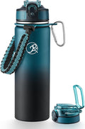 GOSWAG Insulated Sports Water Bottle, 24oz 2 Lids(with Straw/No Straw), Stainless Steel Water Bottles with Paracord Handle, Insulated Bottle with Double-Wall Vacuum Insulation