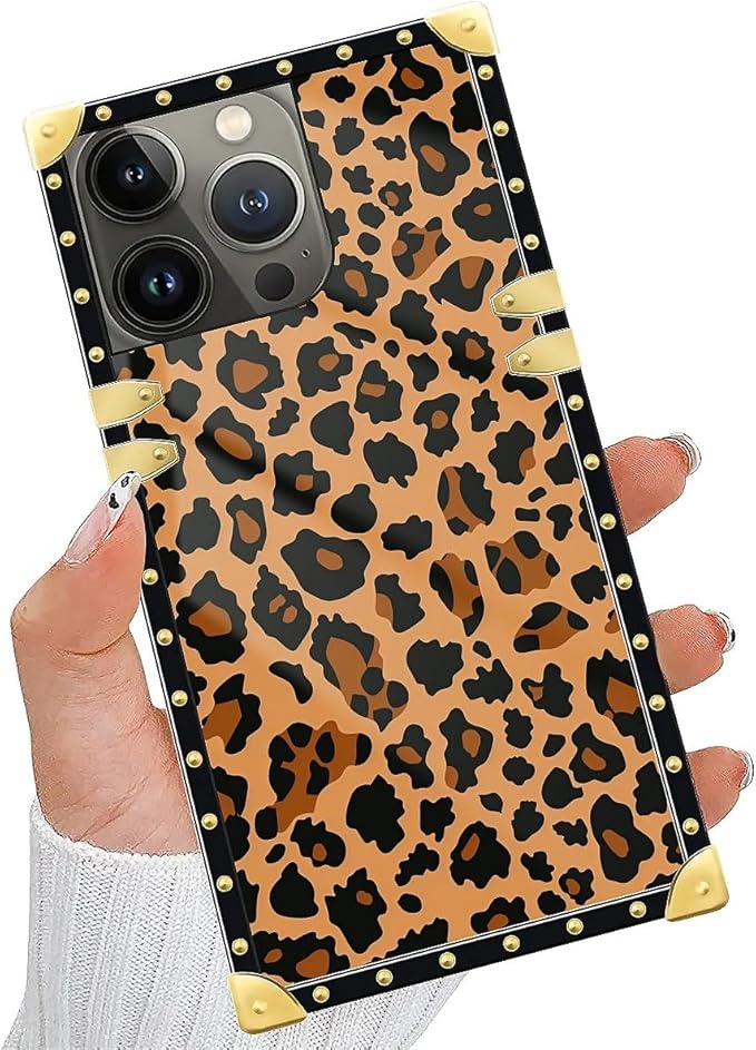 Compatible with iPhone 14 Pro Case, Brown Leopard Texture Luxury Golden Decoration for Girl Women Soft TPU Shockproof Protective Hard PC Back for iPhone 14 Pro