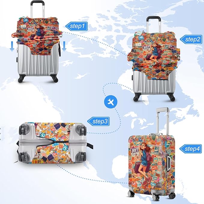 ANNA QUEEN Vintage Travel Stickers Gir Luggage Cover -Stretchable Airplane Suitcase Protector Sleeve,Universal Washable Fit for 28-30 Inch Checked Baggage,Water Resistant Durable Luggage Protector