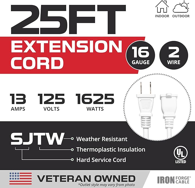 Iron Forge Cable 2 Prong Outdoor Extension Cord 25 ft, 16/2 SJTW 25 Foot White Extension Cord, Weatherproof - Great for Outdoor Lights, Deck, Patio