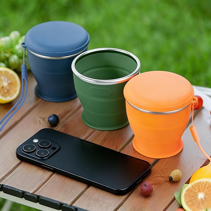 Collapsible Travel Cup, BPA-Free Reusable Water Cup, Lightweight Drinking Cups with Lids and Carrying Strap, Dishwasher Safe Silicone Cups for Camping, Travel, Airports, Hotel (6.7oz, Orange)