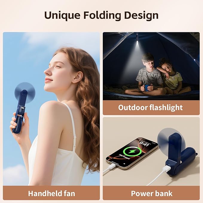 Mini Handheld Fan,USB Rechargeable 3 IN 1 Personal Cooler Fans with Power Bank,LED Flashlight,Small Foldable Portable Pocket Fan-Travel & Emergency Essentials for Outdoor Navy Blue