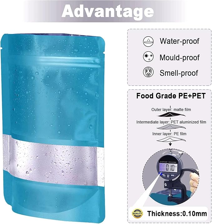 7.1"x10.2" 1 Quart 120pcs Mylar Bags for Food Storage,Smell Proof Bag with Matte Window Resealable Food Storage Bags for Small Business, Stand-up Foil Pouch Packaging Freeze Dried Candy Bag(Blue)