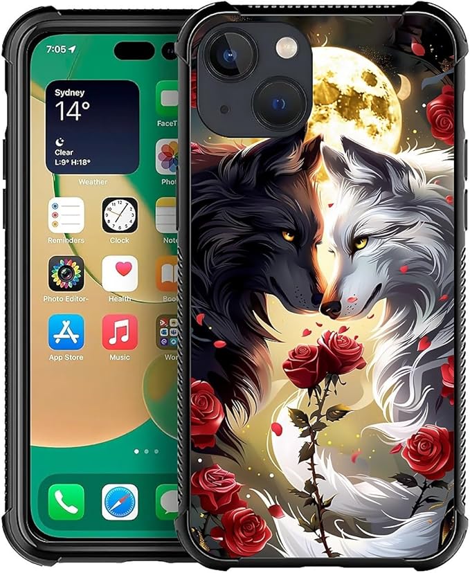 for iPhone 13 Mini Case, Black White Wolf Moon Flower Rose Pattern Made of Soft Silicone Hard Acrylic Shock Protection for iPhone 13 Mini