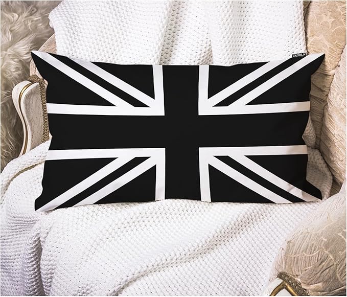 EKOBLA UK Flag Pillow Cases Union Jack Black White United Kingdom National Banner Linen Lumber Decorative Throw Cushion Cover Pillowcases for Bed Sofa Oblong Rectangle 12x20 Inches
