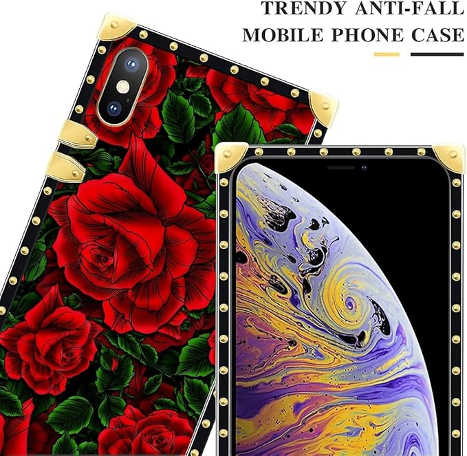Compatible with iPhone Xs Max Case, Vector Red Rose Green Leaf Luxury Golden Decoration for Girl Women Soft TPU Shockproof Protective Hard PC Back for iPhone Xs Max