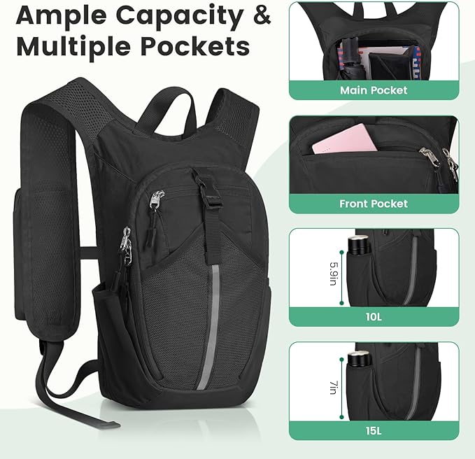 Small Hiking Backpack 10L - Lightweight Packable Foldable Backpack for Travel Camping Outdoor Commute, Compact Rucksack for Women Men(Black)