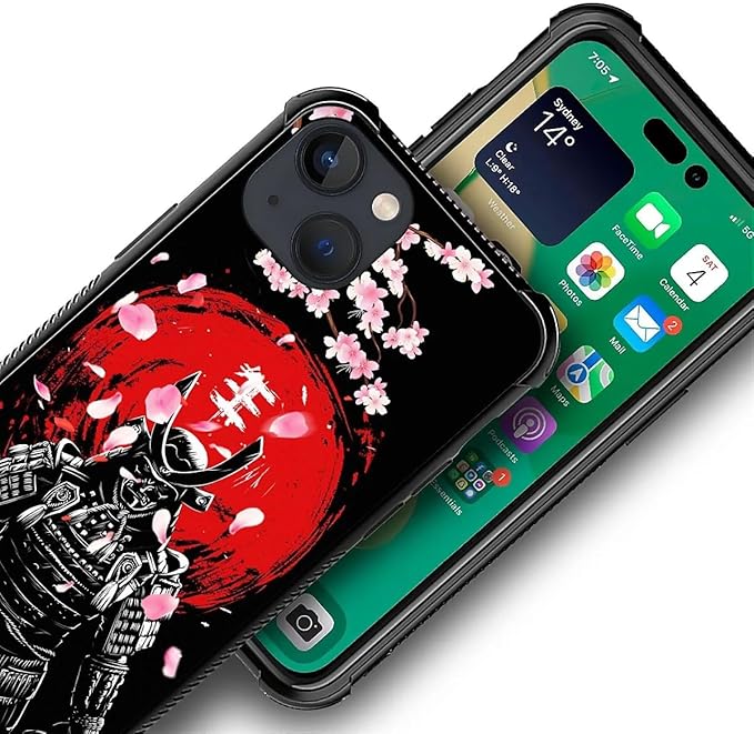 for iPhone 14 Case, Sakura Japanese Samurai Pattern Graphic Design Girl Boy Soft Silicone Hard Acrylic Shock Protection for iPhone 14