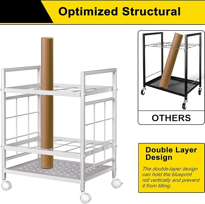 GIOTORENT Blueprint Storage Rack, Blueprint Holder with Wheels, Used for Storing Map/Poster/Blueprint/Architectural Construction Plan, 12 Slots, 2 Brakes, Silent Wheel for Home, Office, School(White)