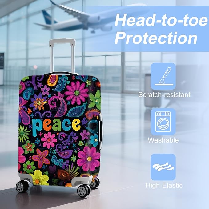 ANNA QUEEN Peace Flowers Travel Luggage Cover -Spring Stretchable Airplane Suitcase Protector Sleeve,Universal Washable Fit for 20-26 Inch Checked Baggage,Water Resistant Durable Luggage Protector