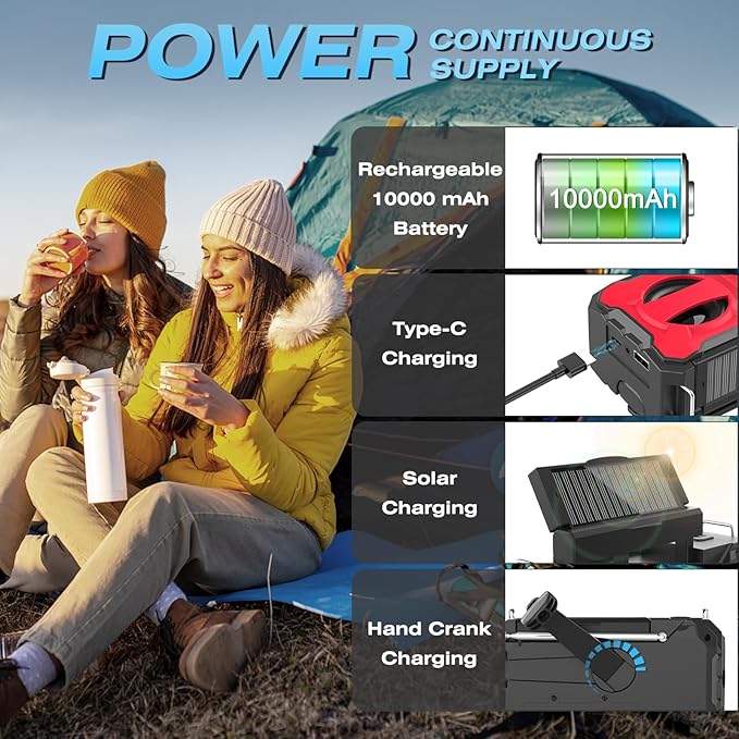 NITIGO 10000mAh Emergency Radio, NOAA Weather Radio with AM/FM, 37000mWh Rechargeable Phone Power, USB/Solar/Hand Crank Charging, LED Flashlight, SOS Alarm, Reading Lamp for Indoor/Outdoor Emergencies