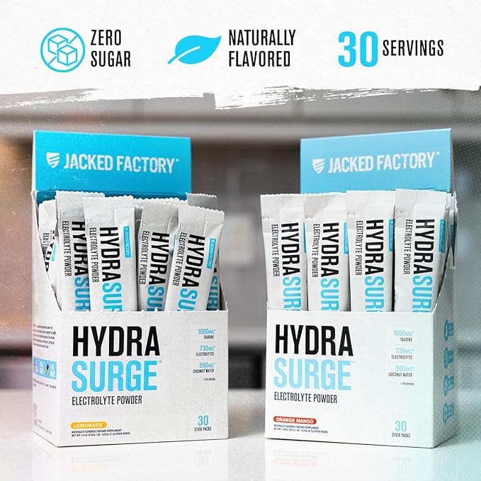 Jacked Factory Hydrasurge Electrolytes Powder Packets - Sugar Free & Naturally Sweetened Hydration Packets - Keto & Vegan Friendly, Easily Dissolves - 30 Stick Packs, Orange Mango