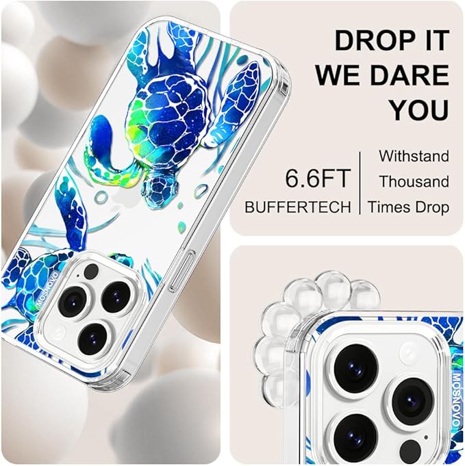 MOSNOVO Case for iPhone 14 Pro, [Buffertech 6.6ft Military-Grade Drop Protection] [Anti Peel Off Tech] Clear TPU Bumper Phone Case Cover Design - Sea Turtles