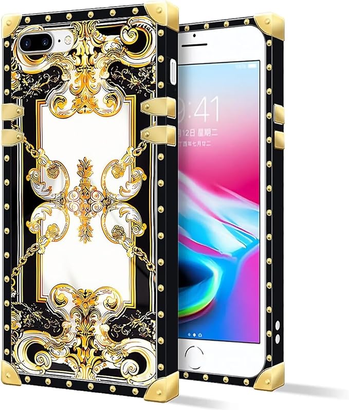 Compatible with iPhone 8 Plus 7 Plus Case, Gold Grain Flowers Luxury Golden Decoration for Girl Women Soft TPU Shockproof Protective Hard PC Back for iPhone 8 Plus 7 Plus
