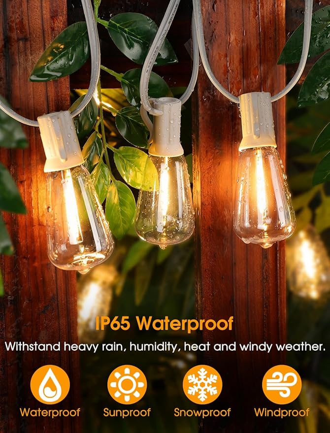 Larkvue 75FT(3x25FT) Outdoor String Lights, Patio Lights with 30+3 LED Dimmable Waterproof Connectable ST38 Bulbs for Gazebo Backyard Christmas, White