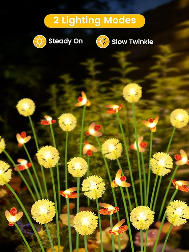 Solar Garden Lights Outdoor, 6 Pack 48 LED, Solar Swaying Dandelion Bee Lights Waterproof, Swaying Firefly Lights for Yard Pathway Lawn Patio Decorations, 2 modes (Steady on, Slow Twinkle), Warm White
