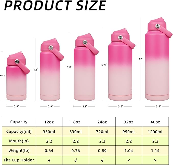 BJPKPK Water Bottle with Straw Lid, 24oz Vacuum Insulated Water Bottles, Metal Stainless Steel Thermo for Sports, Travel, BPA Free Leak Proof Thermo, Cups, Flasks, Tumblers,Cherry