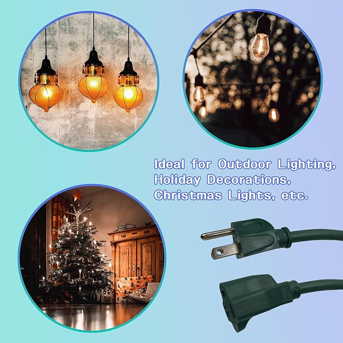 Indoor Outdoor Extension Cord 10 FT, 16/3 SJTW Weatherproof Green Electrical Cords, 13 AMP Heavy Duty 3 Prong Power Cable Great for Garden, Landscaping & Holiday Decorations
