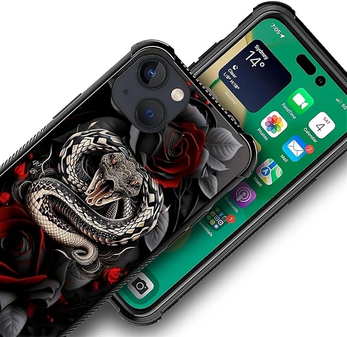 for iPhone 13 Case, Entwined Rose Snake Pattern Graphic Design Girl Boy Soft Silicone Hard Acrylic Shock Protection for iPhone 13