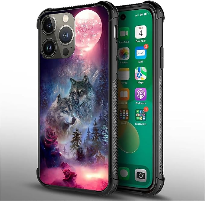 for iPhone 13 Pro Case, Star Two Wolfs Howling Pattern Graphic Design Girl Boy Soft Silicone Hard Acrylic Shock Protection for iPhone 13 Pro