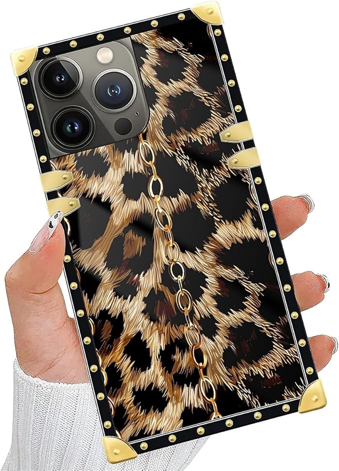Compatible with iPhone 14 Pro Max Case, Seamless Gold Chain Leopard Luxury Golden Decoration for Girl Women Soft TPU Shockproof Protective Hard PC Back for iPhone 14 Pro Max