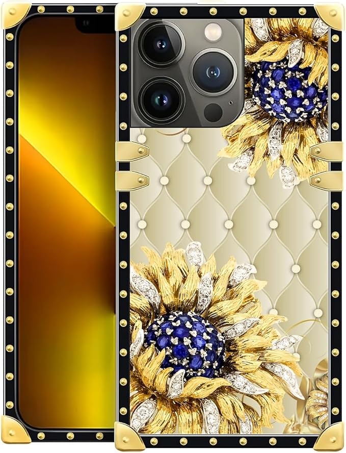 Compatible with iPhone 13 Pro Max Case, Sunflower Diamonds Leather Luxury Golden Decoration for Girl Women Soft TPU Shockproof Protective Hard PC Back for iPhone 13 Pro Max