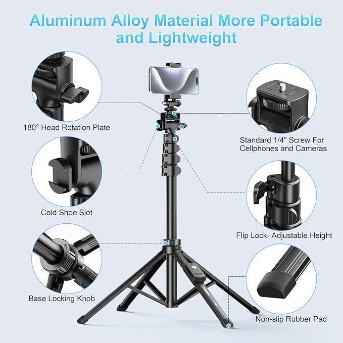 Fugetek 62" Professional Cell Phone Tripod, Ultra Stable 4 Leg Design, Bluetooth Remote, 100% All Aluminum Stick & Legs, Portable All in One, 360° Phone Mount with 2 Cold Shoe Slots, Non Skid Feet