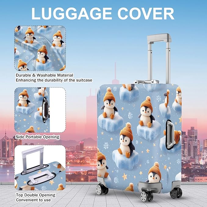 ANNA QUEEN Winter Penguin Luggage Cover, Cute Penguin on Ice Pattern Suitcase Protector, Washable Stretchable Travel Sleeve for 24-26 Inch Luggage