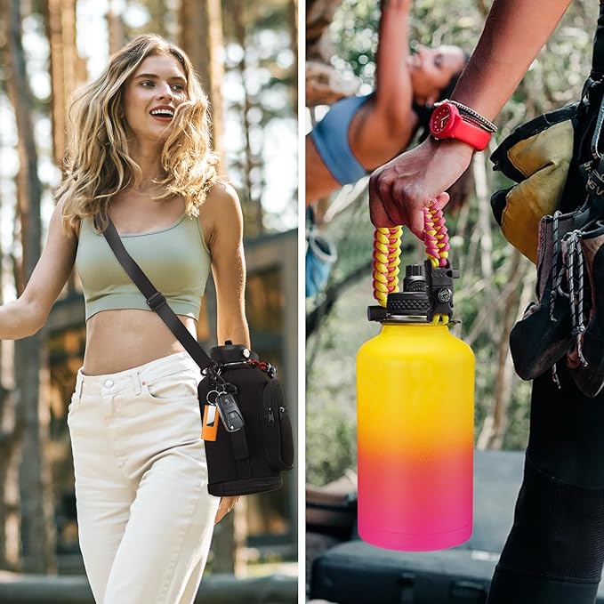 64 oz Insulated Water Bottle - with Straw, Spout Lids, Bottle Sleeve & Paracord Handle, Sports Gym Workout Metal Waterbottle Cold 48H, Hot 24H, Half Gallon Stainless Steel Water Jug Thermo Flask