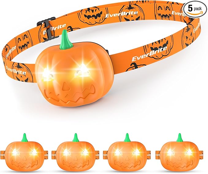 EverBrite Halloween Pumpkin Headlamp 5 Pack, 2 Modes LED Head Lamp Adjustable Headband, Pumpkin Lights Party Favors, Orange Spot & Strobe Lights Halloween Gifts