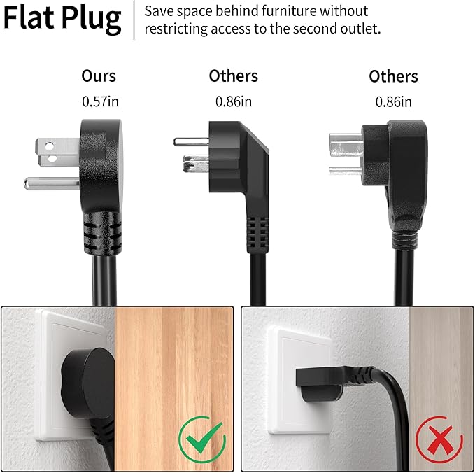 Vockjour 3 FT Black Low Profile Flat Plug 14 Gauge Heavy Duty Extension Cord, 14AWG 3-Wire Grounded Appliance Extension Cord, 15A/125V/1875W SJTW ETL Listed Power Cord