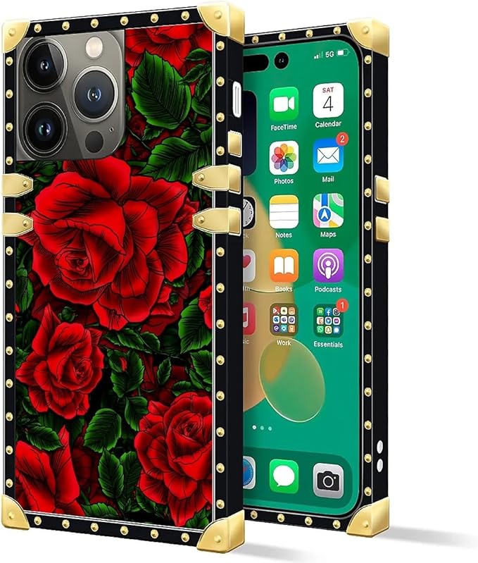 Compatible with iPhone 14 Pro Max Case, Vector Red Rose Green Leaf Luxury Golden Decoration for Girl Women Soft TPU Shockproof Protective Hard PC Back for iPhone 14 Pro Max