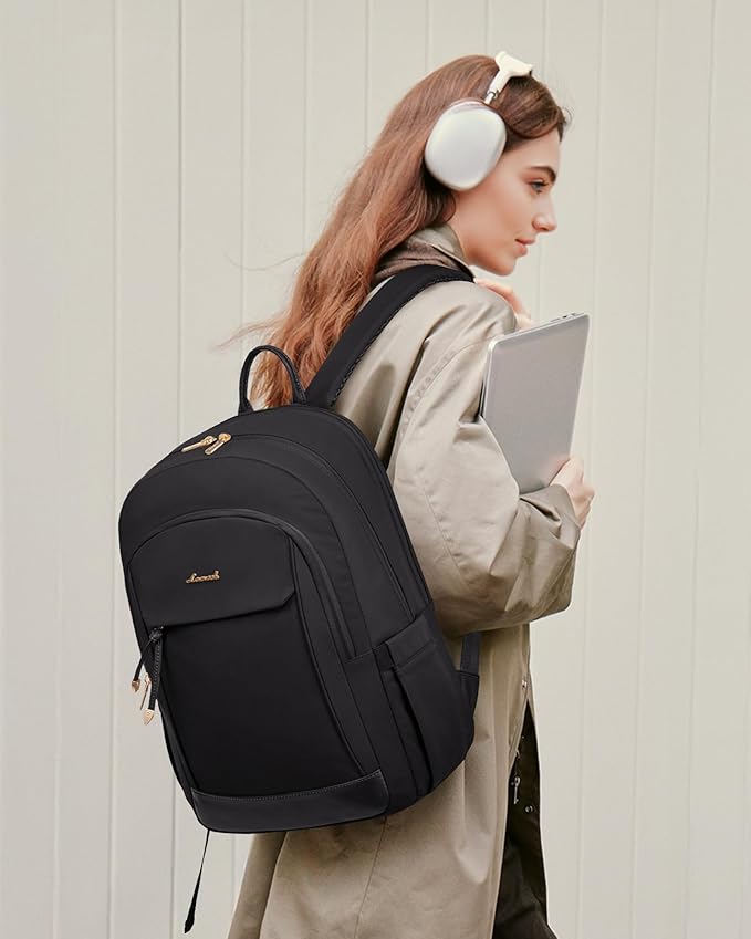 LOVEVOOK Laptop Backpack for Women, 15.6 inch Waterproof College Backpack Woman with Laptop Compartment Computer Bag Travel Backpack Purse, Large Black Computer Daypack for Work Casual, Black