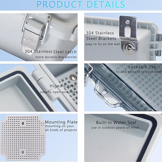 Junction Box, Outdoor Electrical Boxes Waterproof IP67 ABS Plastic Project Box Stainless Latches Enclosure with Mounting Plate 150x150x90mm