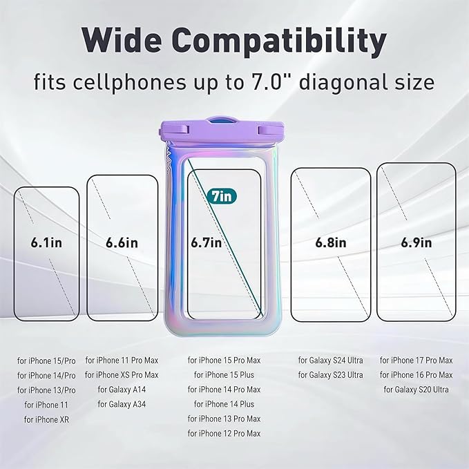 Floatable Waterproof Phone Pouch Case for iPhone 17 16 Pro Max/15/14/13/12, IP68 Travel Cellphone Dry Bag Beach Cruise Ship Essentials Bags with Crossbody Lanyard, Iridescent Purple - 7″