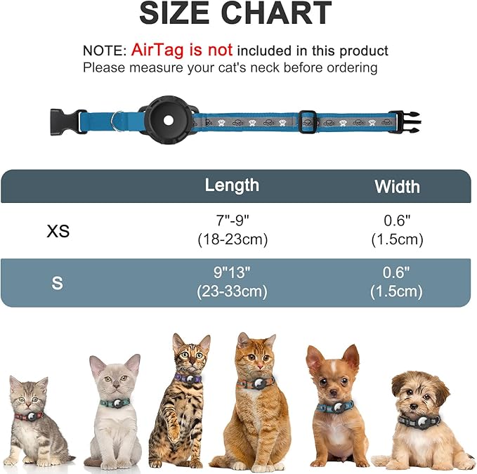 Reflective AirTag Cat Collar, Integrated Cat Tracker Collar with Air Tag Holder and Bell, Safety Elastic Band Cat GPS Collars for Girl Boy Cats, Kittens and Puppies (Blue, S)