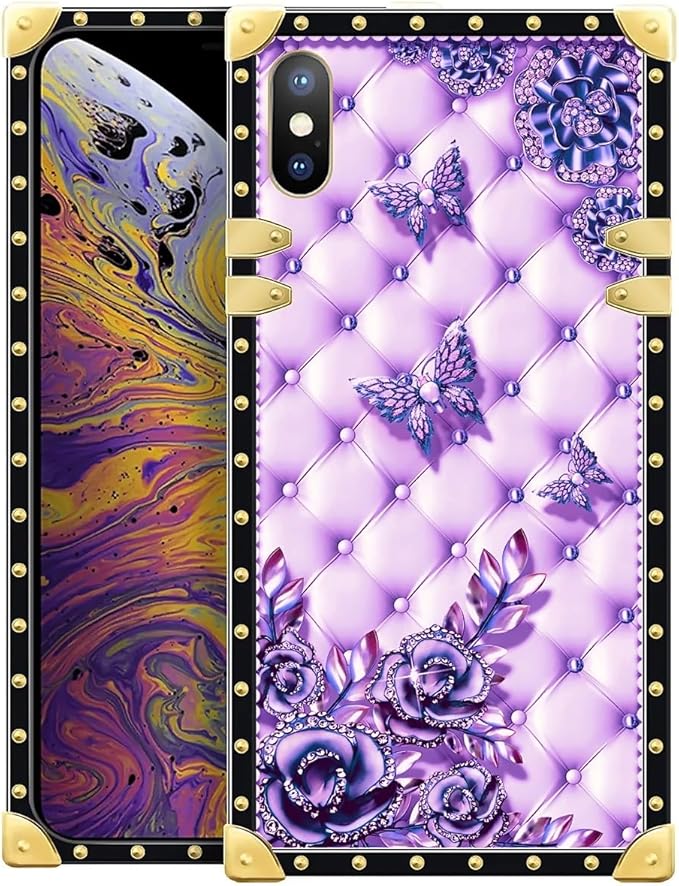 Compatible with iPhone Xs Max Case, Purple Butterfly Flowers Leaf Luxury Golden Decoration for Girl Women Soft TPU Shockproof Protective Hard PC Back for iPhone Xs Max