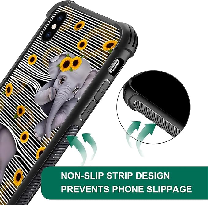 for iPhone X/Xs Case, Cute Little Elephant Sunflower White Line Art Pattern Made of Soft Silicone Hard Acrylic Shock Protection for iPhone X/Xs