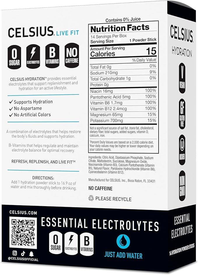 CELSIUS Hydration™ Blue Razz, Sugar Free Electrolyte Hydration Drink Mix (Pack of 14)