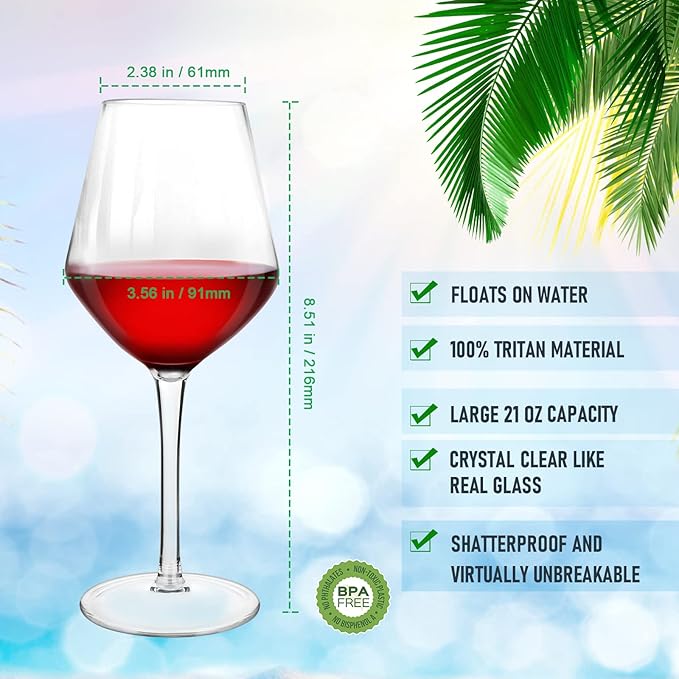 Floating Wine Glasses for Pool with Charms Tags, Shatterproof Poolside Wine Glasses, Floating Cup With Stem, Drinking Glasses for Pool, Unbreakable Wine Cup & BPA-free (16 Oz, Set of 4)