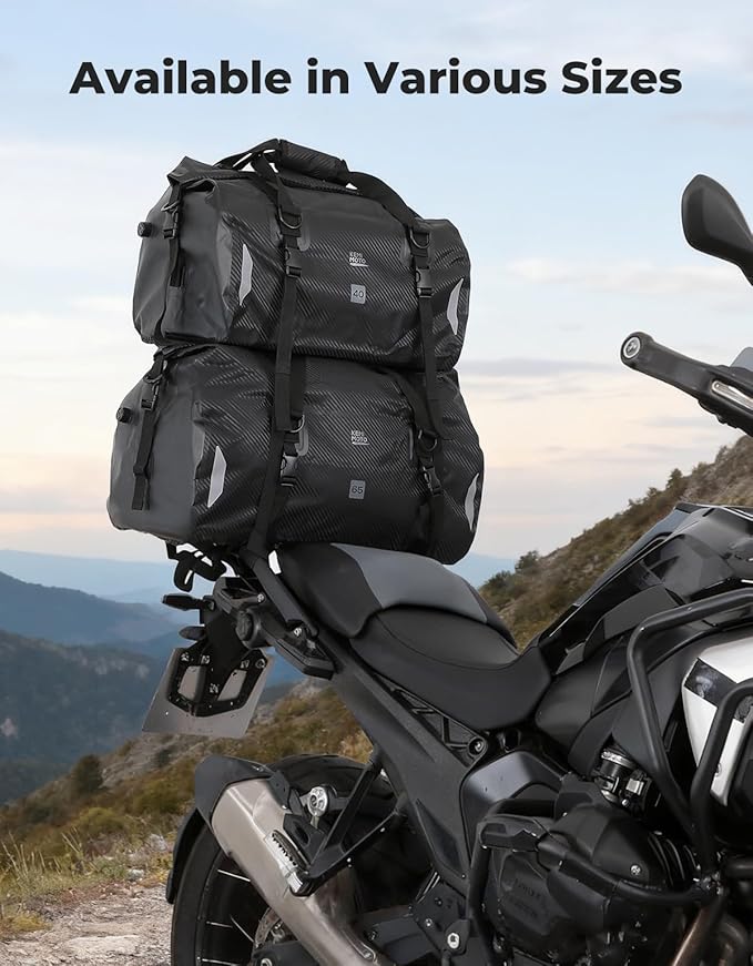 KEMIMOTO Waterproof Motorcycle Dry Bag – Duffle Tail Bag Soft Luggage, 25L/40L/65L Large Capacity with 4 Quick-Release Straps, Dustproof for Touring, Adventure, Motorcycling & Camping Black