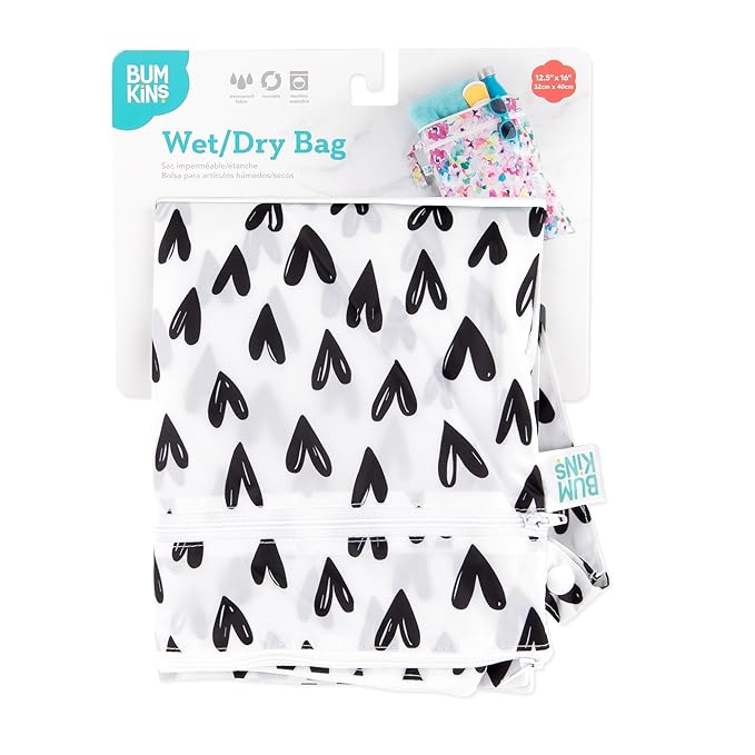 Bumkins Waterproof Wet Dry Bag for Baby, Travel, Swim Suit, Cloth Diapers, Pump Parts, Pool, Beach, Gym Clothes, Toiletry, Hook to Stroller, Daycare, Zipper Reusable Wetdry Packing Pouch, Black Hearts