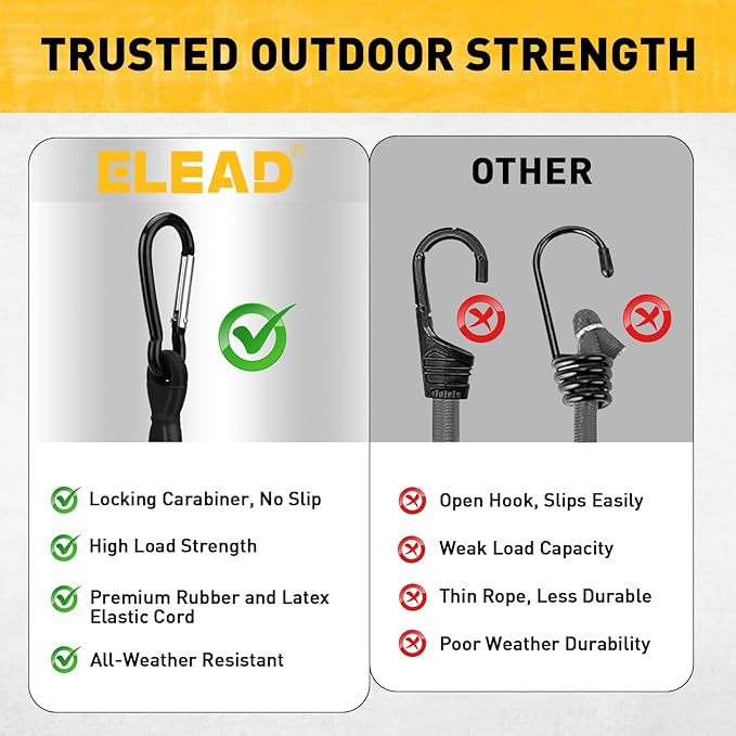 6 Piece 24 Inch Carabiner Bungee Cords with Hooks, Heavy Duty Outdoor Bungee Cords with Carabiner Hooks, 6" Nylon Cable Ties, UV & Weather Resistant