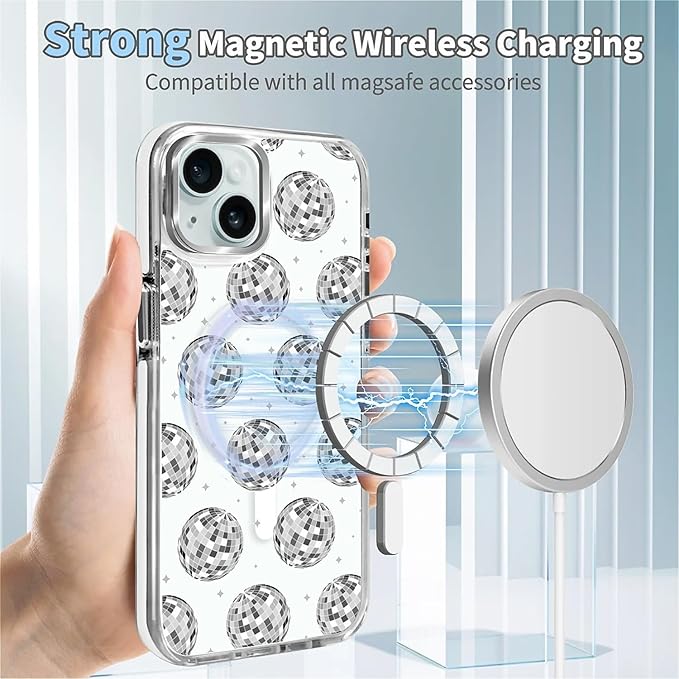 Case for iPhone 15,[Compatible with MagSafe],Disco Ball Grayish White Phone Case Design，for Women Girls Magnetic Clear Cover - Slim, Sleek, & Shockproof Protection